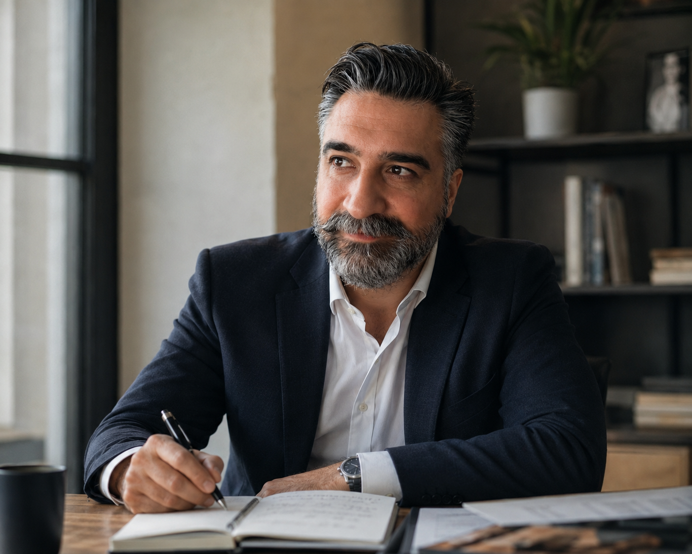 Surjit Singh, Versicherungsmakler aus Duisburg, sitzt mit Bart und ergrauten Haaren an einem Schreibtisch, vor sich ein aufgeschlagenes Notizbuch und ein Stift, und blickt seitlich aus dem Bild