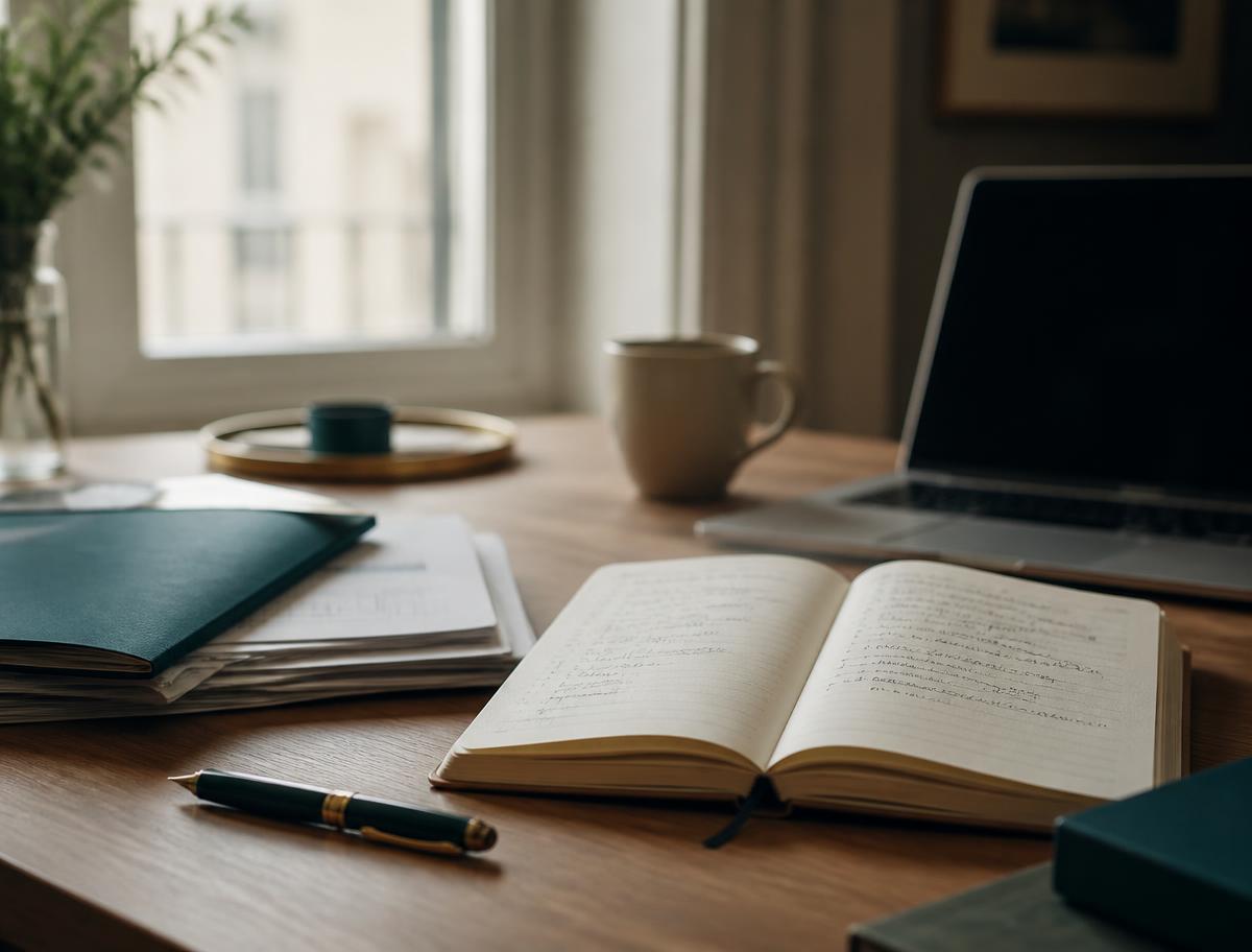 Holzschreibtisch am Fenster mit aufgeschlagenem Notizbuch voller handschriftlicher Notizen, Füllfederhalter, gestapelten Unterlagen in einer petrolfarbenen Mappe, Tasse und Laptop im Hintergrund